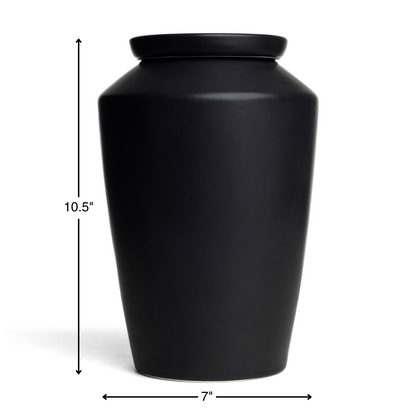 Size chart for black adult urn showing height and width dimensions.