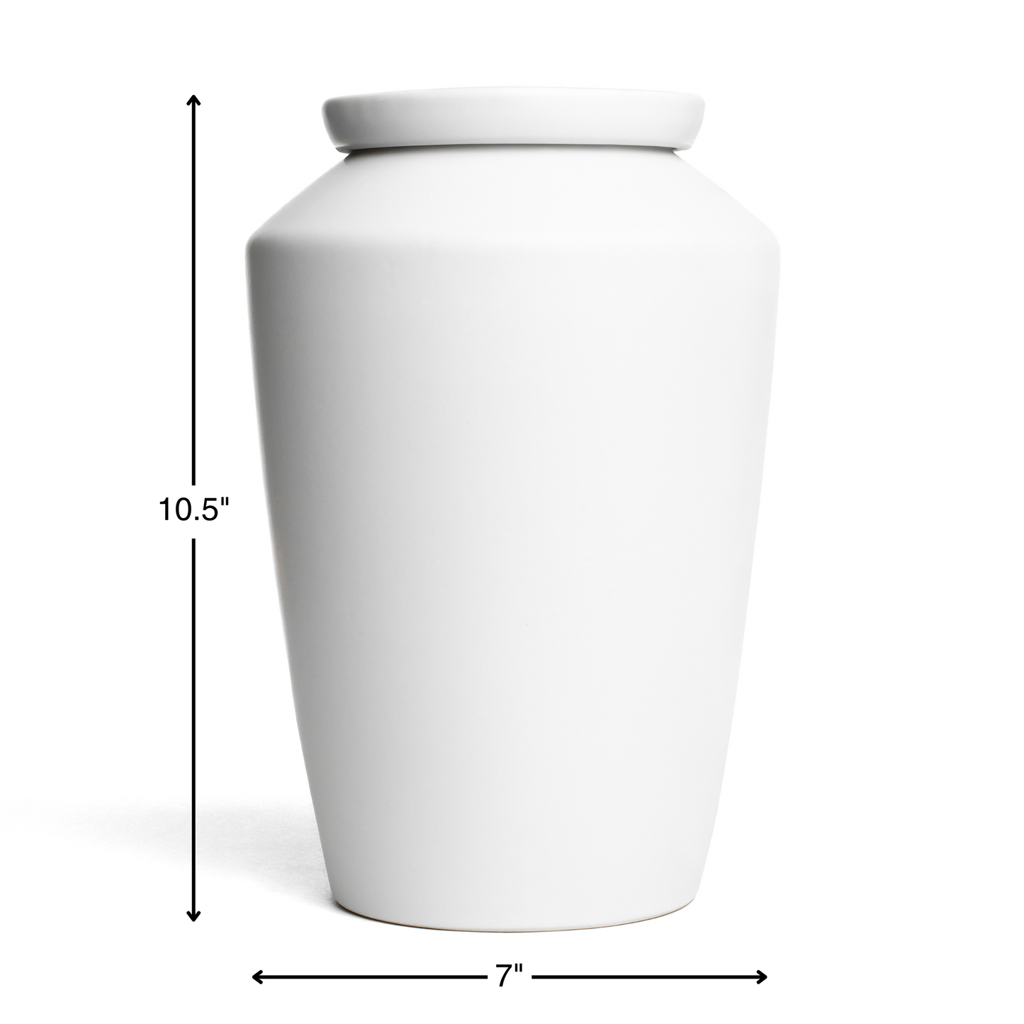 Size chart for white adult urn showing height and width dimensions.