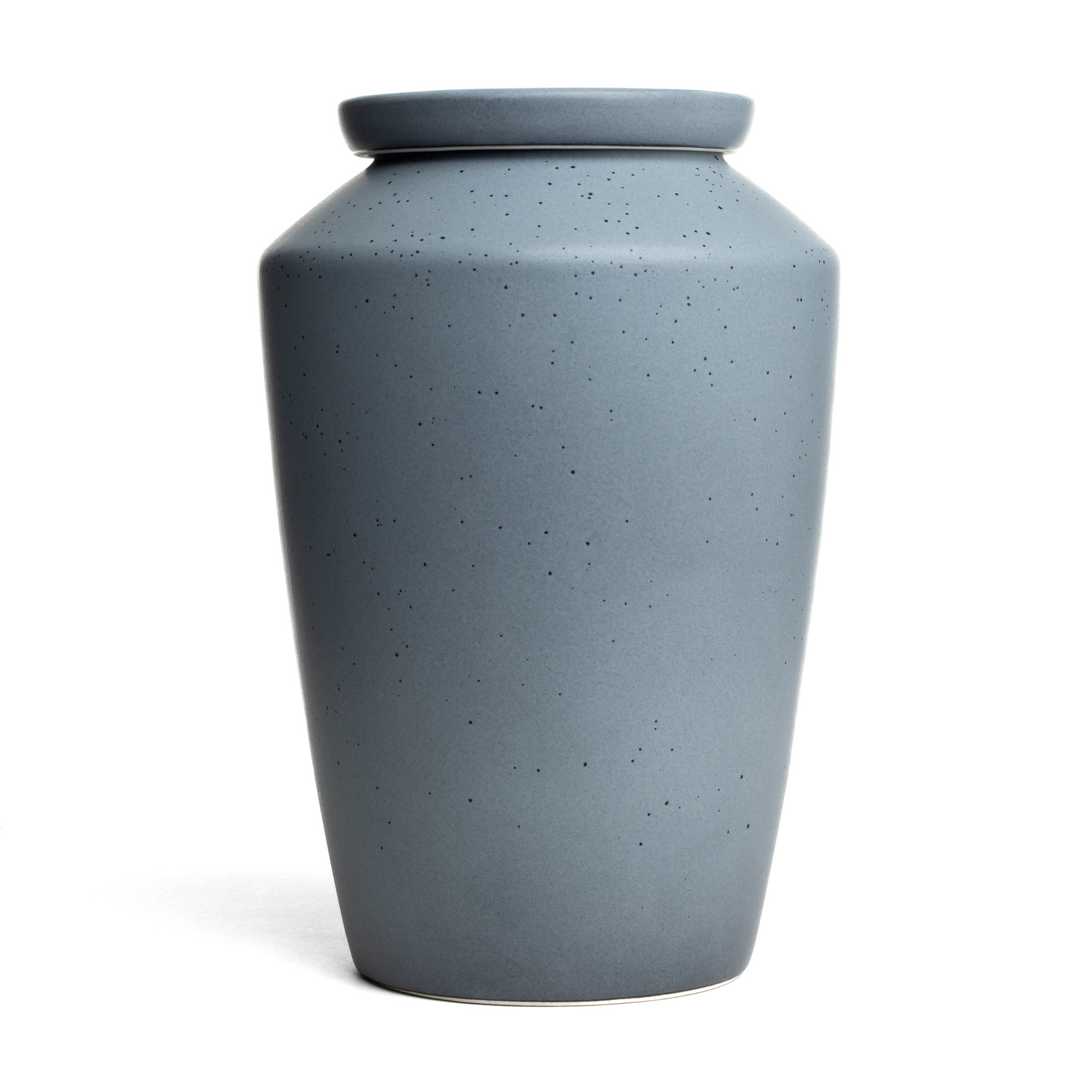 Speckled gray stoneware cremation urn for adult, artisanal handmade ceramic memorial for ashes.