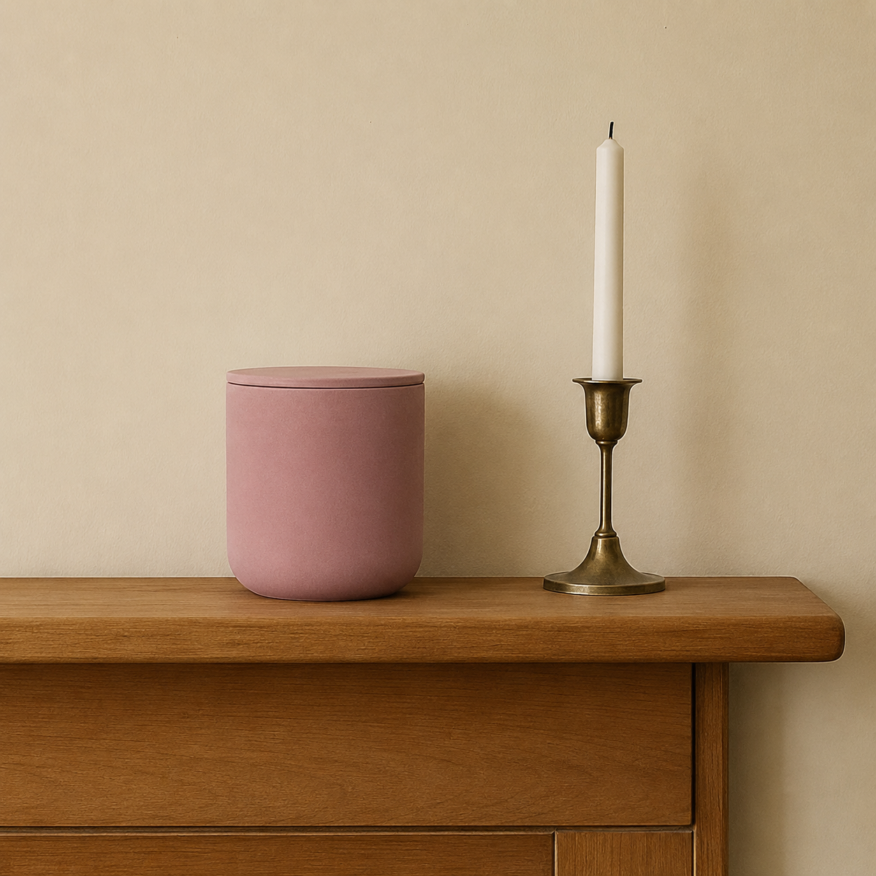 Blush Pink ceramic keepsake urn displayed on a wooden mantel beside a candle in a home memorial setting