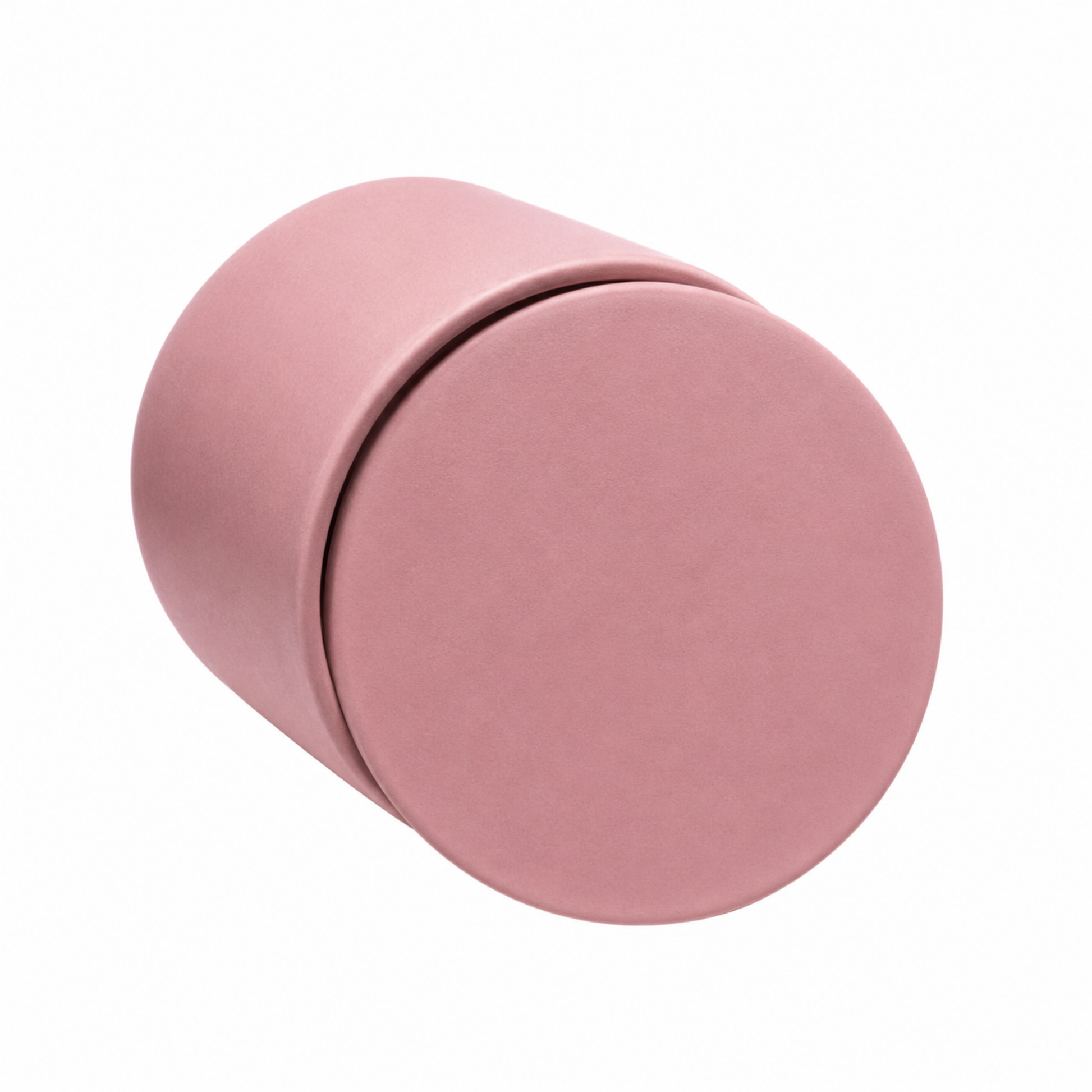 Blush Pink ceramic keepsake urn shown on its side highlighting the smooth matte finish and secure lid