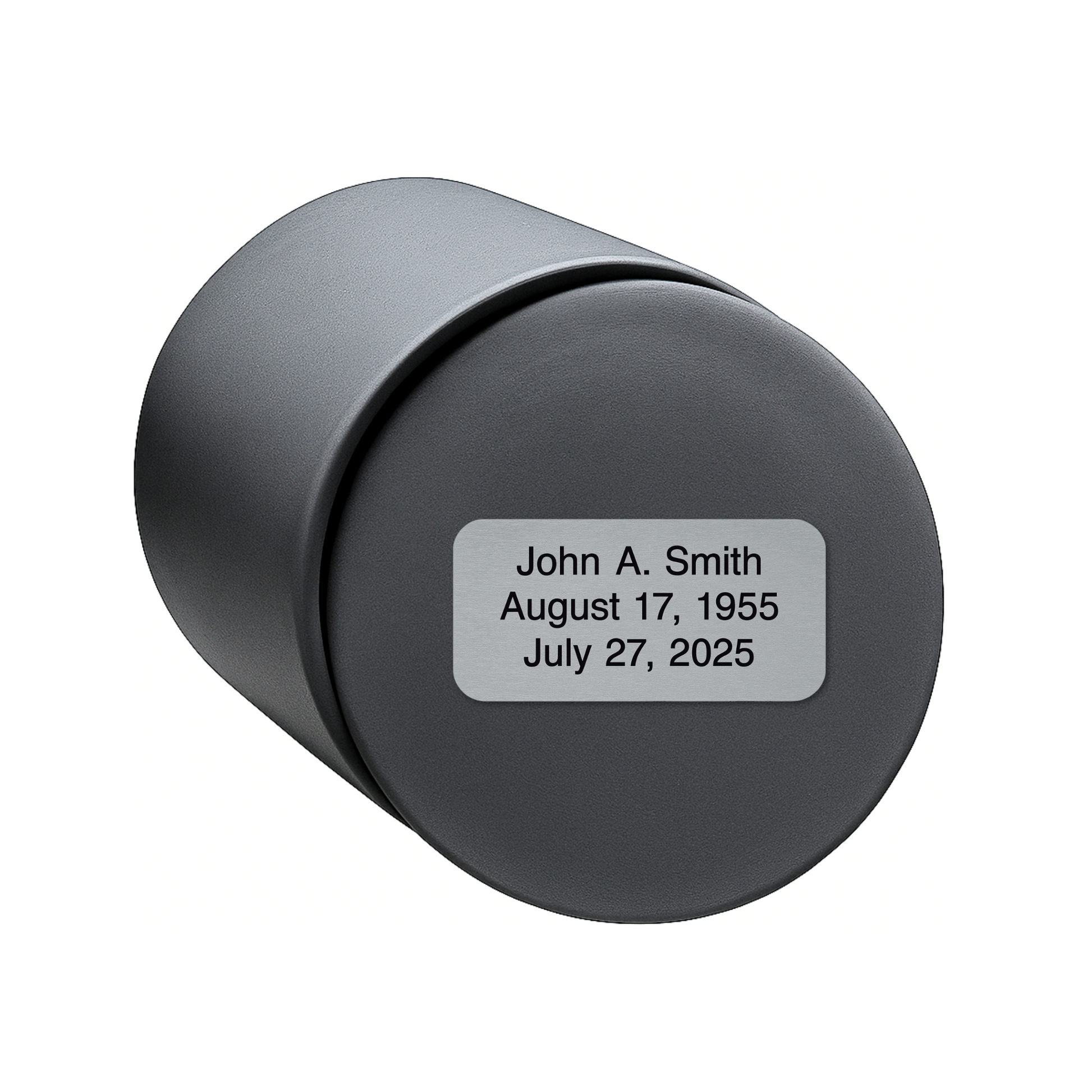 Charcoal Black ceramic keepsake urn shown on its side with optional personalized memorial engraving plate