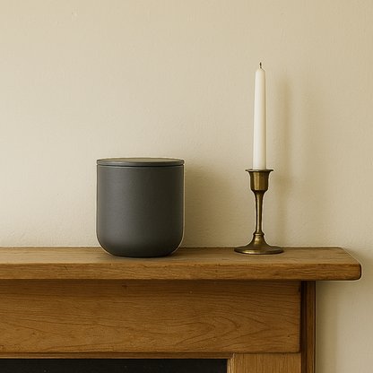Charcoal black ceramic keepsake urn displayed on a wooden mantel beside a candle in a home memorial setting