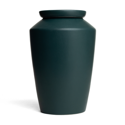 Modern green ceramic cremation urn, handmade earth-toned memorial vessel for adult human ashes.