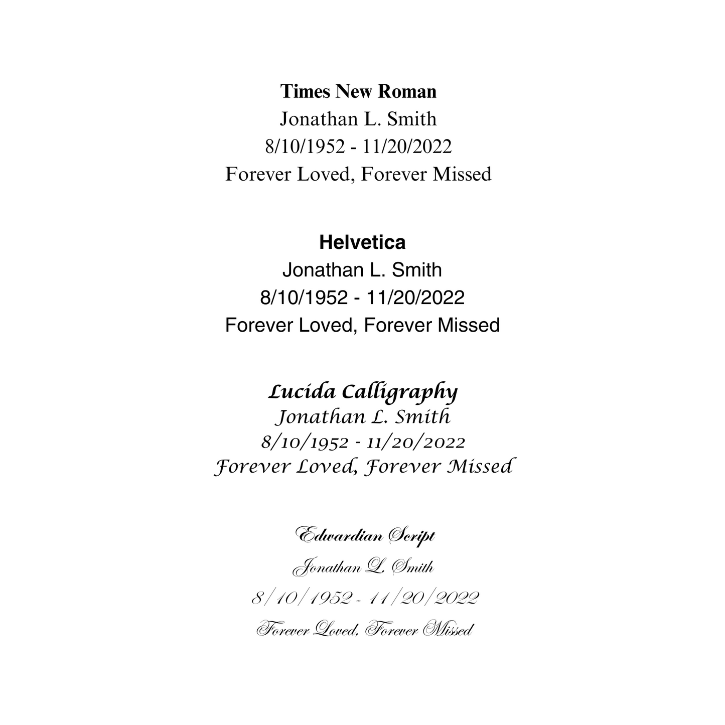 Selection of memorial font styles and engraving examples for personalizing a modern ceramic cremation urn.