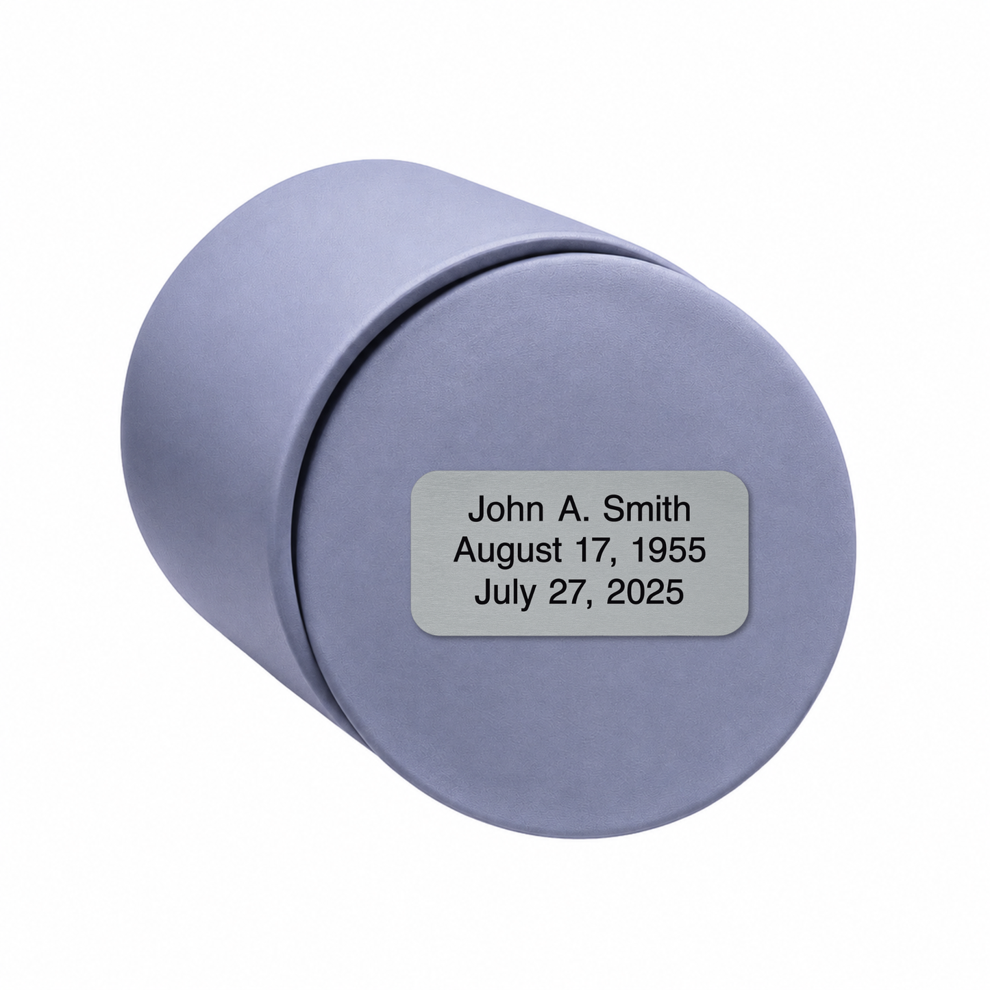 Dusty Blue ceramic keepsake urn shown on its side with optional personalized memorial engraving plate