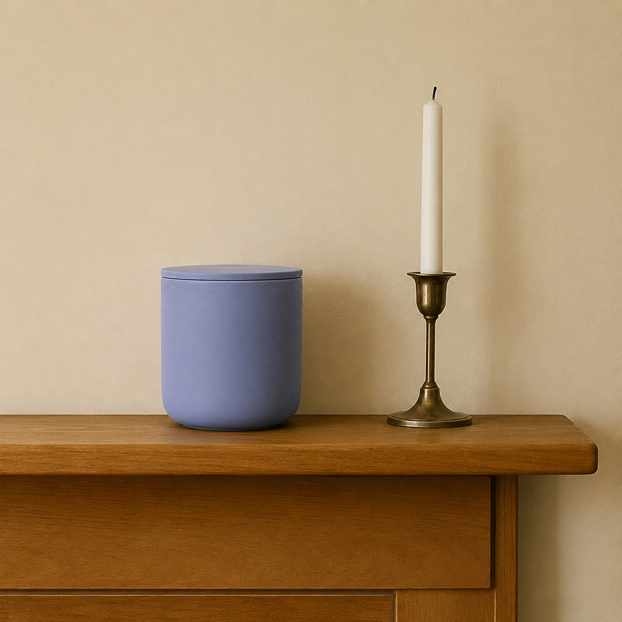 Dusty Blue ceramic keepsake urn displayed on a wooden mantel beside a candle in a home memorial setting