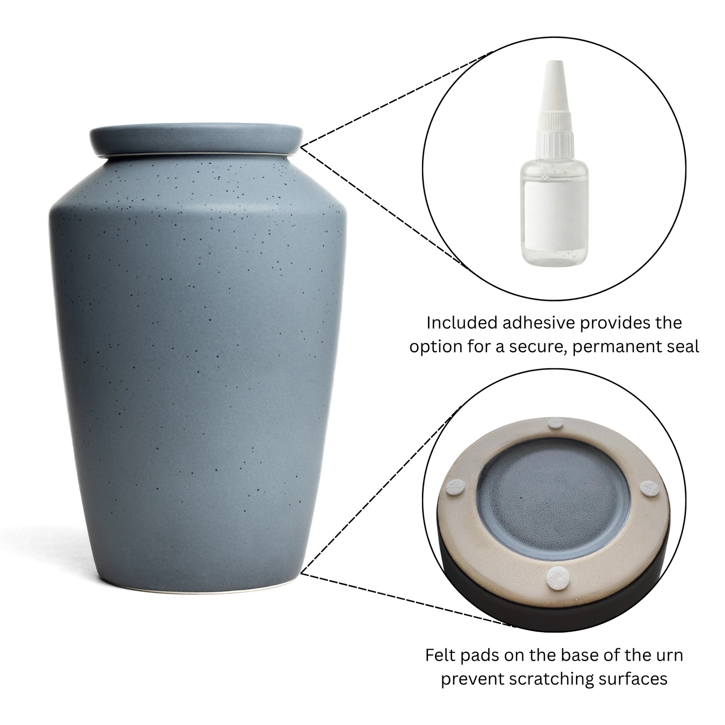 Gray urn with adhesive and felt pads on a white background