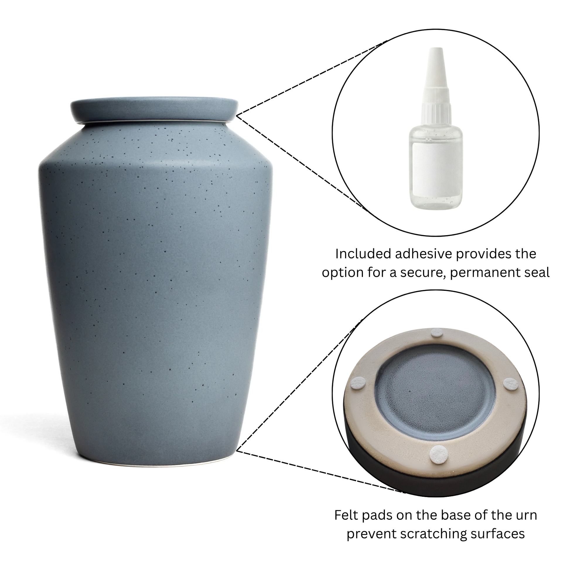 Gray urn with adhesive and felt pads on a white background