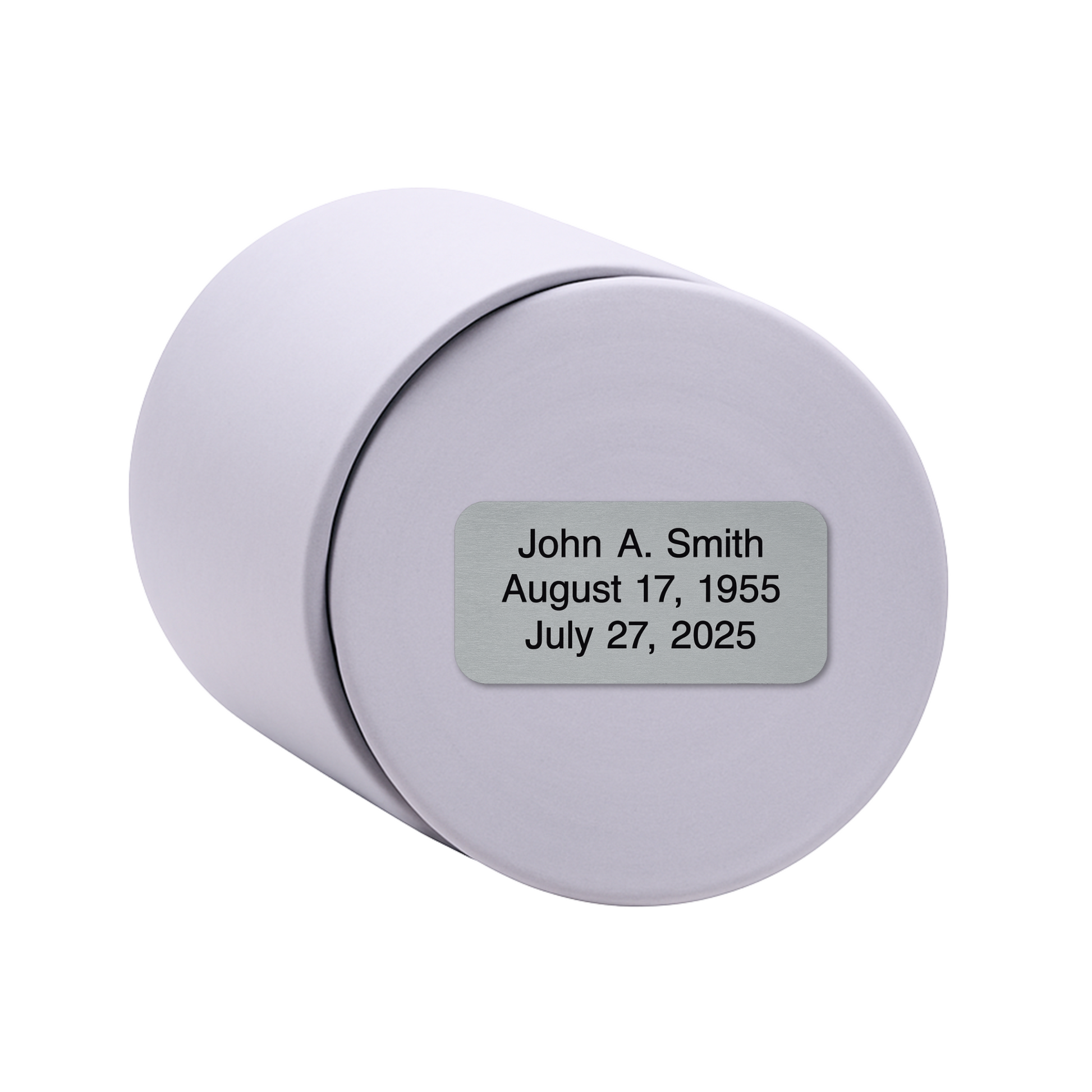 Gray ceramic keepsake urn shown on its side with optional personalized memorial engraving plate