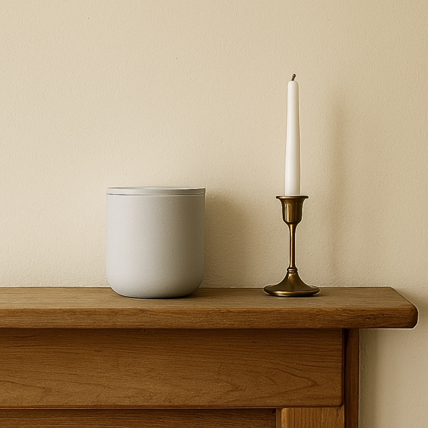Gray ceramic keepsake urn displayed on a wooden mantel beside a candle in a home memorial setting