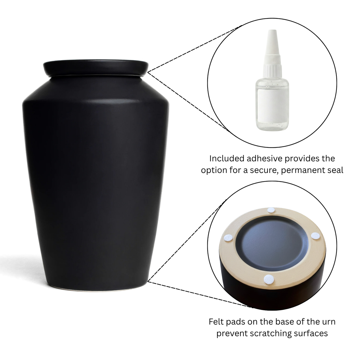 Black keepsake urn with adhesive bottle and felt pads on a white background