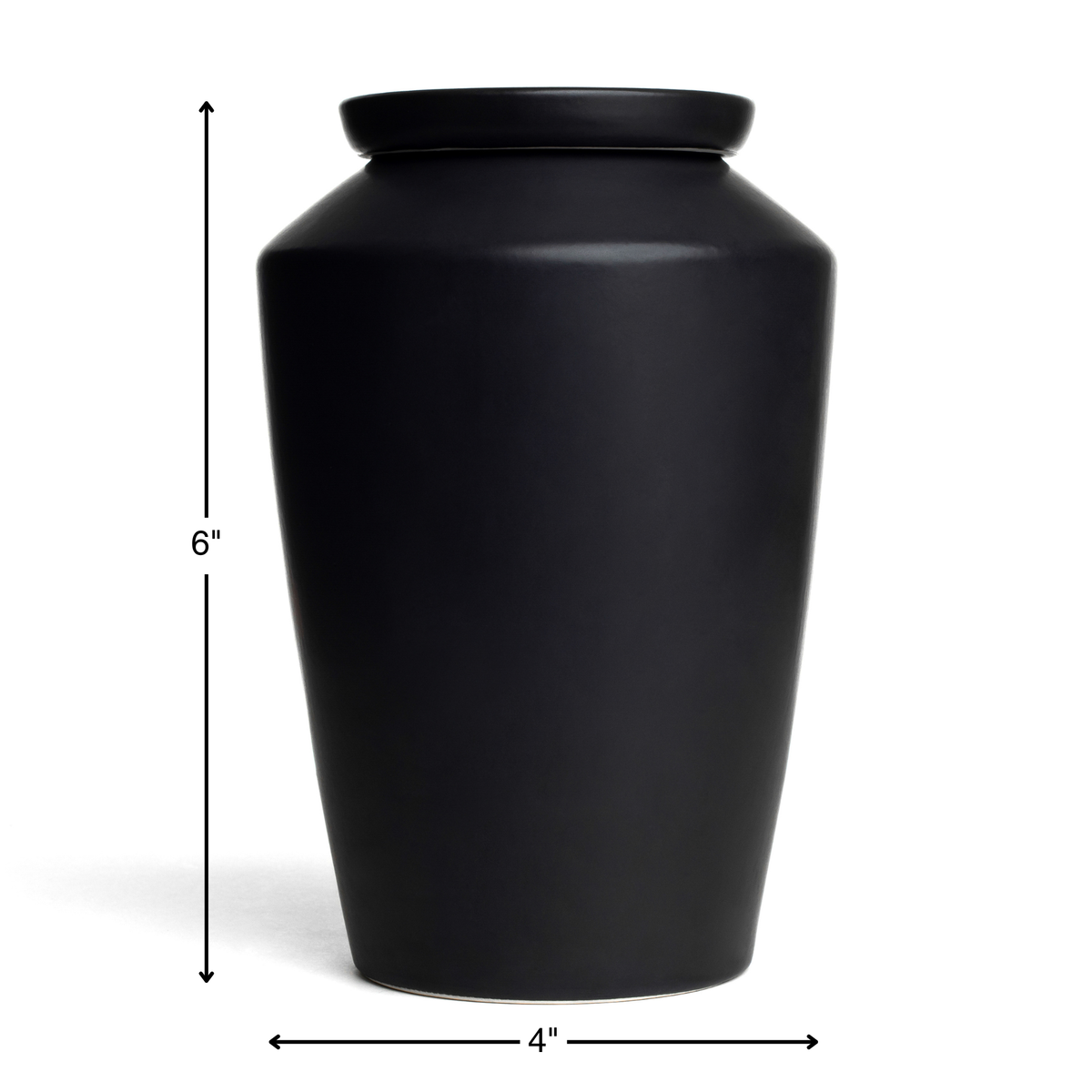 Size chart for black keepsake urn showing 6 inch height and 4 inch width.