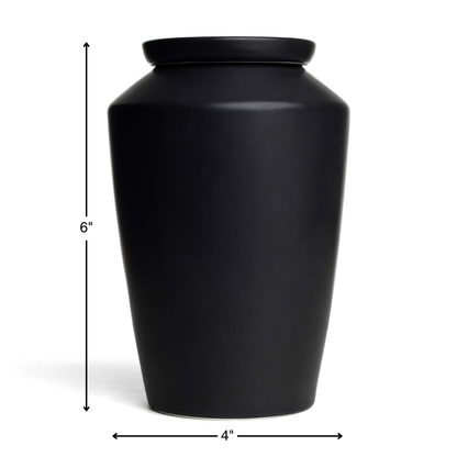 Size chart for black keepsake urn showing 6 inch height and 4 inch width.