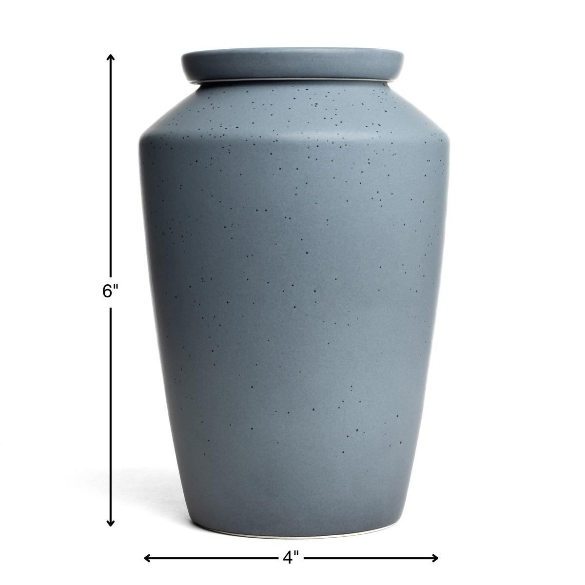 Size chart for speckled gray keepsake urn showing 6 inch height and 4 inch width.