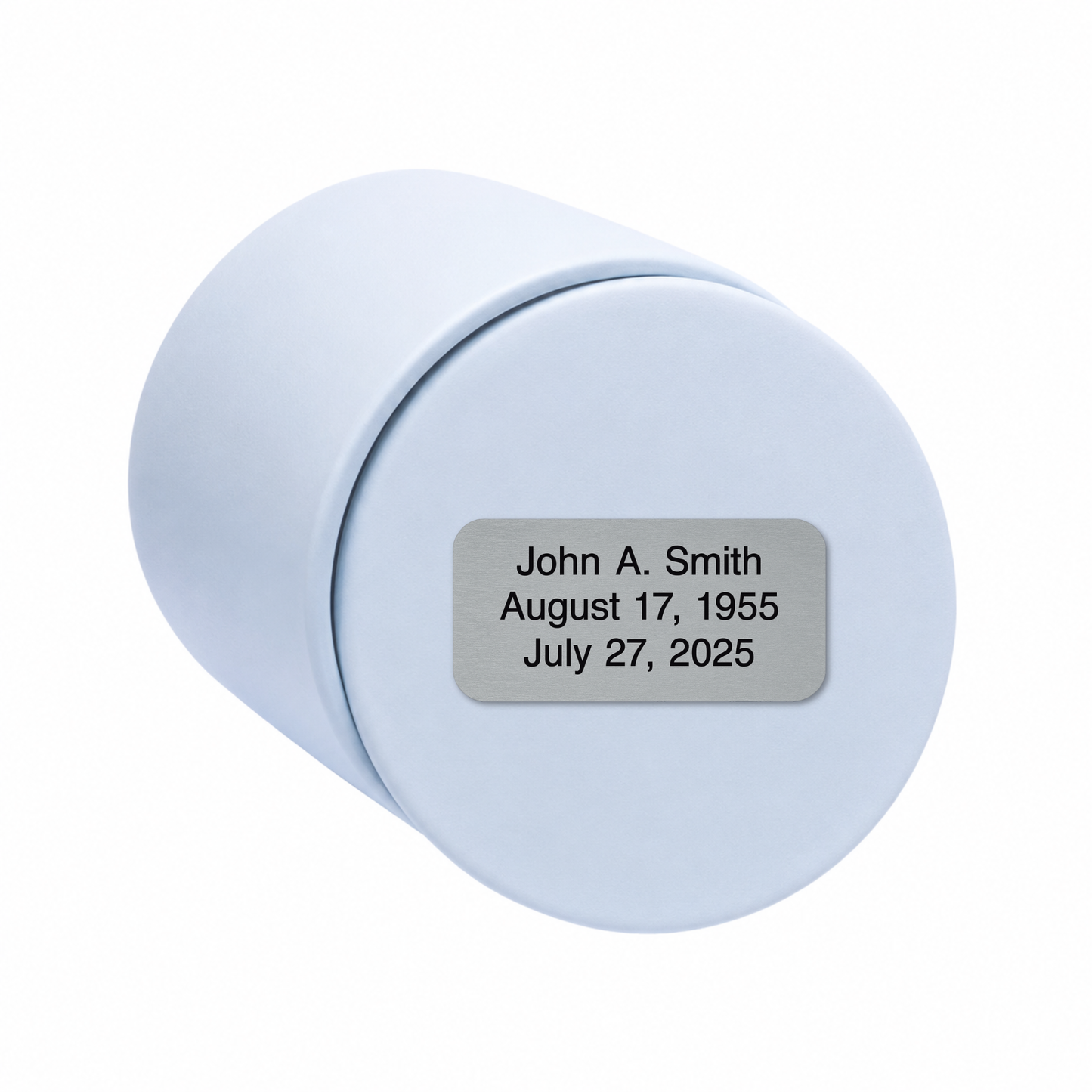 Light Blue ceramic keepsake urn shown on its side with optional personalized memorial engraving plate