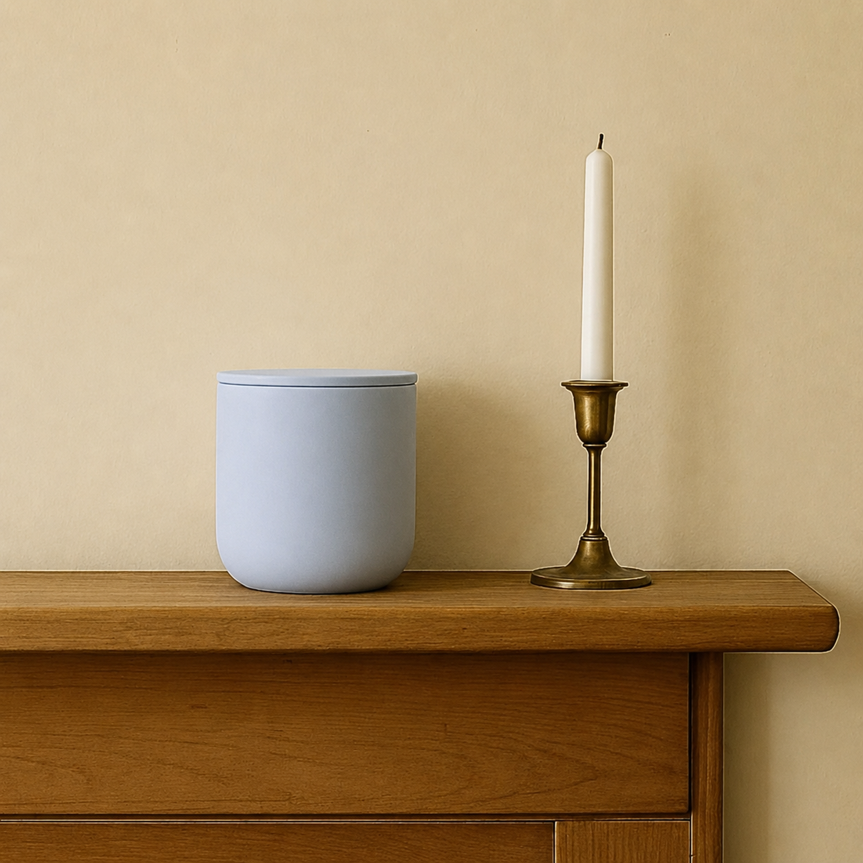 Light Blue ceramic keepsake urn displayed on a wooden mantel beside a candle in a home memorial setting