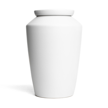 Large white ceramic funeral urn for human ashes, handcrafted modern minimalist memorial jar with secure lid.
