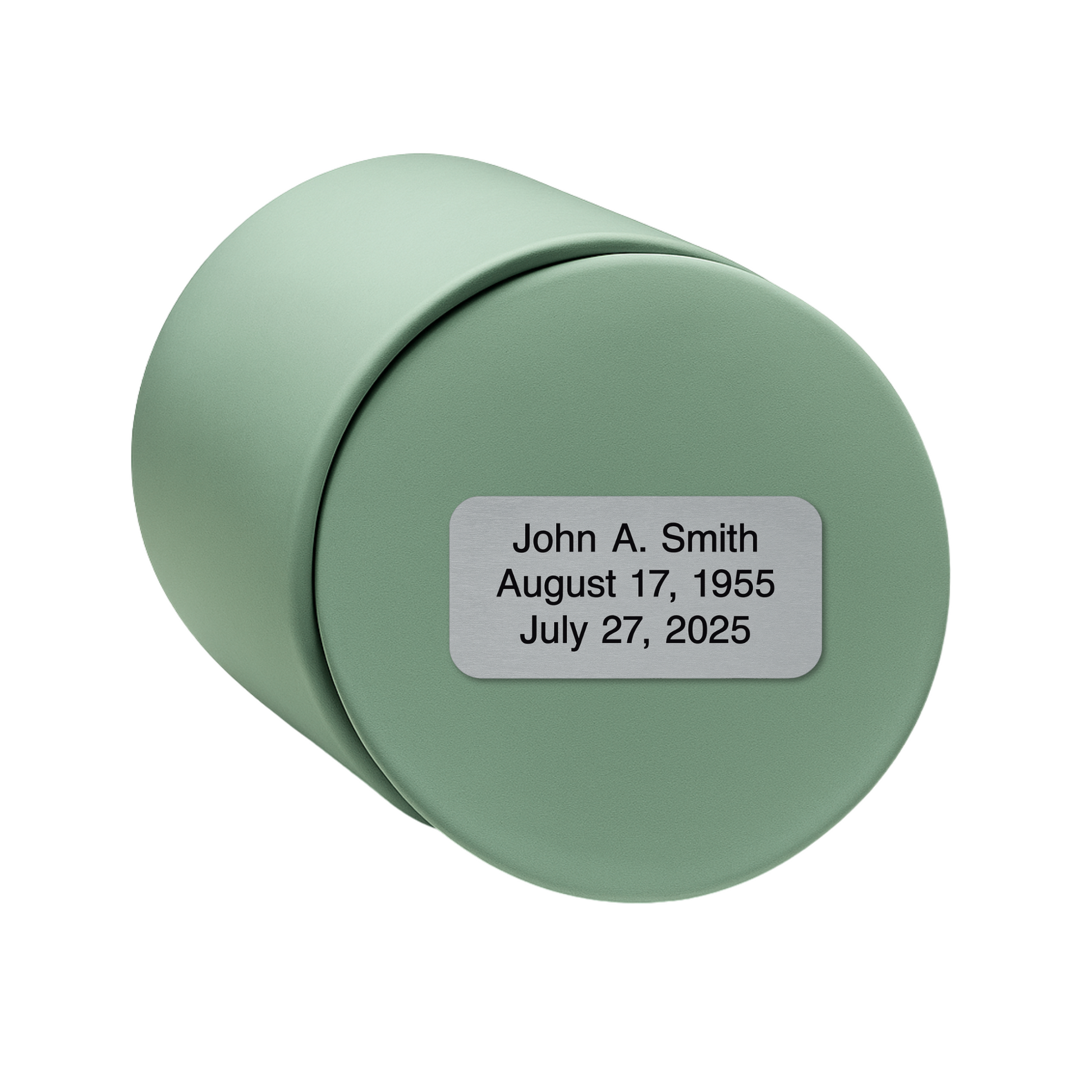 Olive Green ceramic keepsake urn shown on its side with optional personalized memorial engraving plate