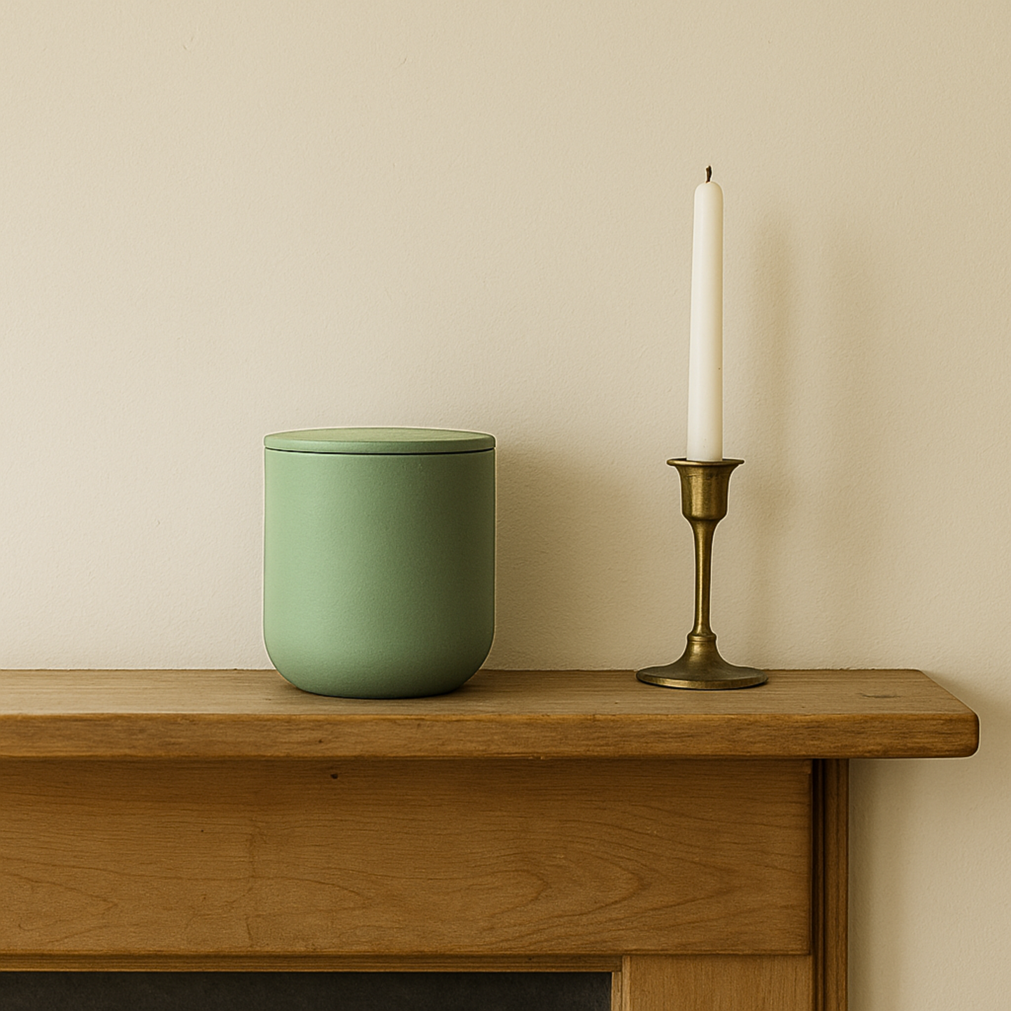 Olive Green ceramic keepsake urn displayed on a wooden mantel beside a candle in a home memorial setting