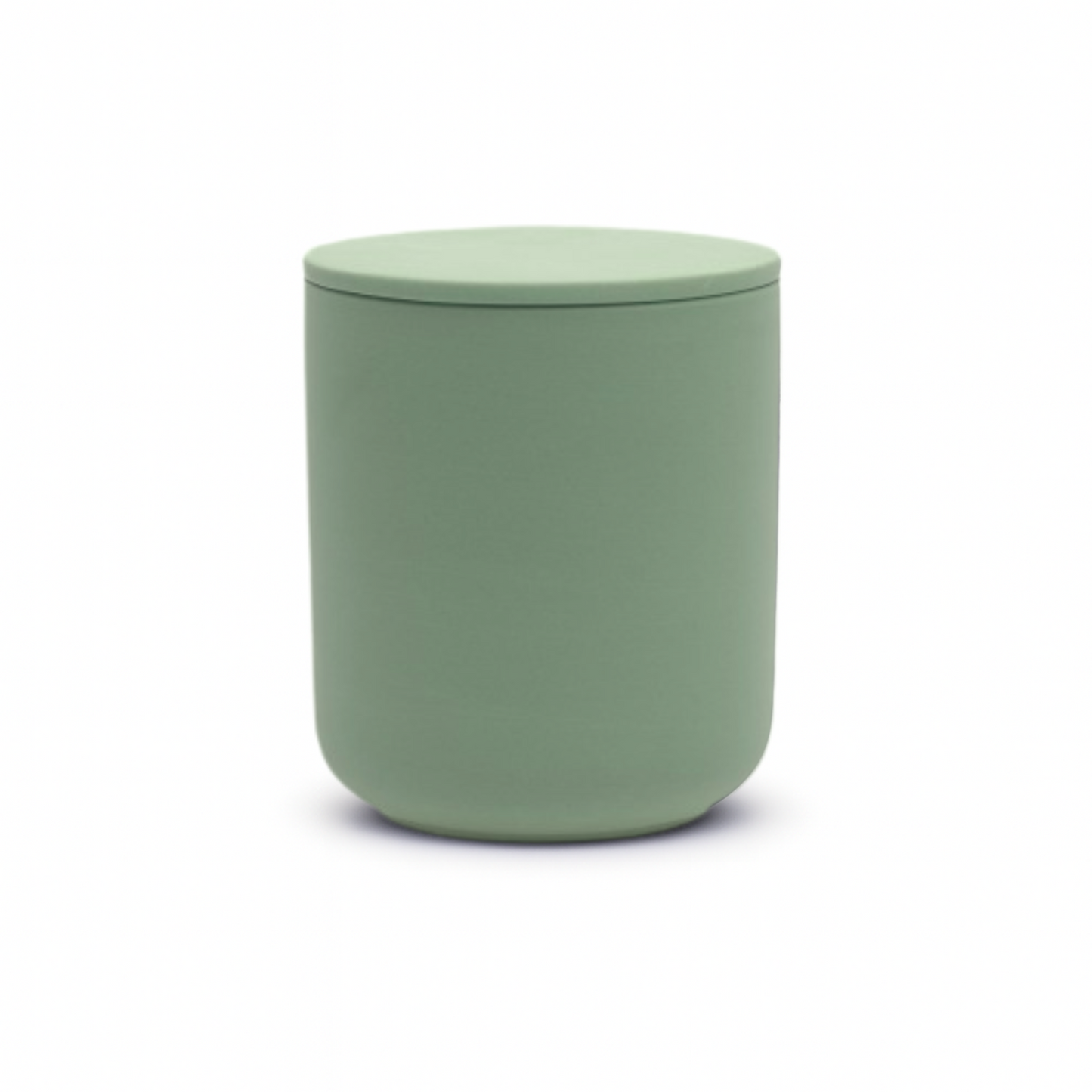 Small olive green ceramic keepsake urn, artisanal miniature cremation vessel for family sharing.