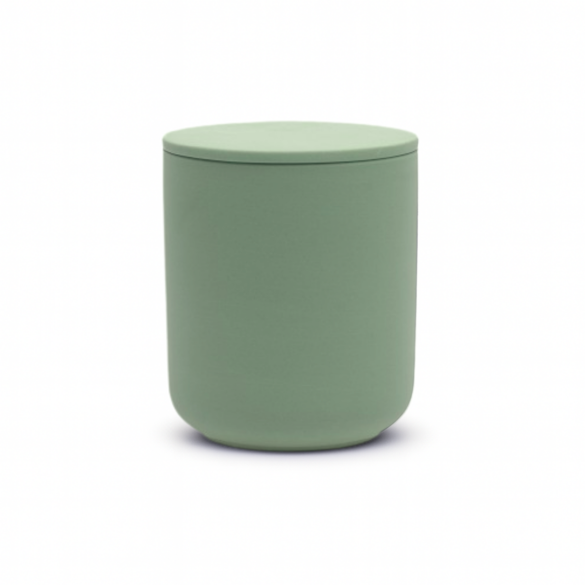 Small olive green ceramic keepsake urn, artisanal miniature cremation vessel for family sharing.