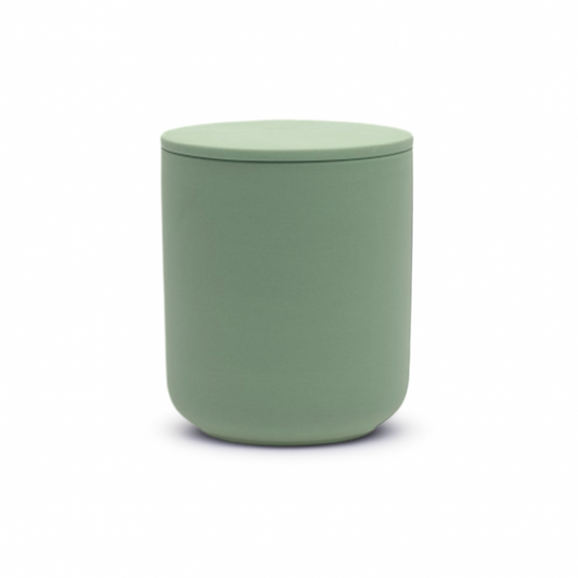 Small olive green ceramic keepsake urn, artisanal miniature cremation vessel for family sharing.