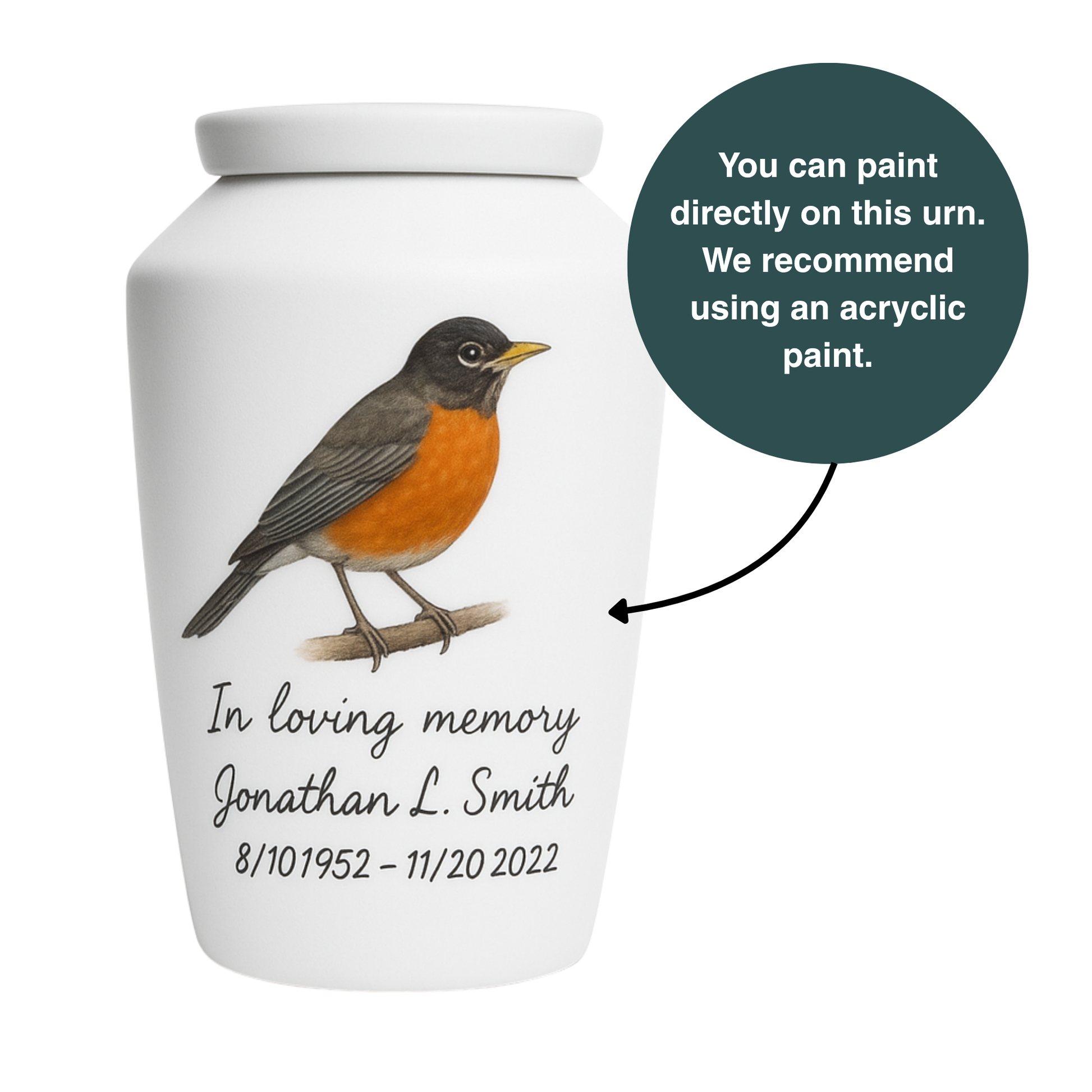 Hand-painting a white ceramic cremation urn with acrylics, showing how to create a DIY personalized memorial for a loved one.