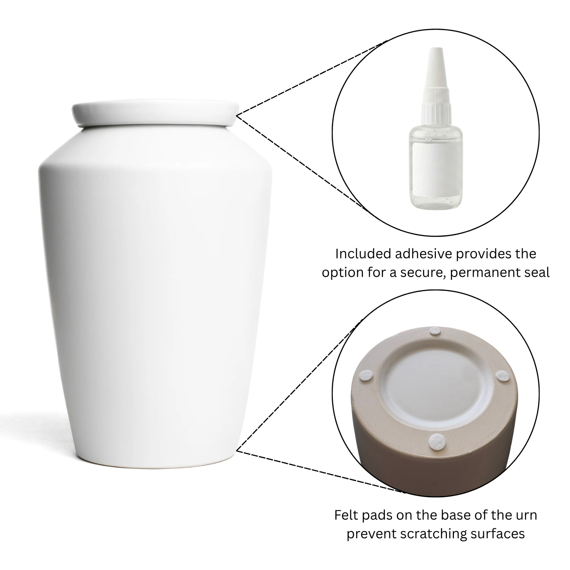 White urn with adhesive bottle and felt pads on a white background