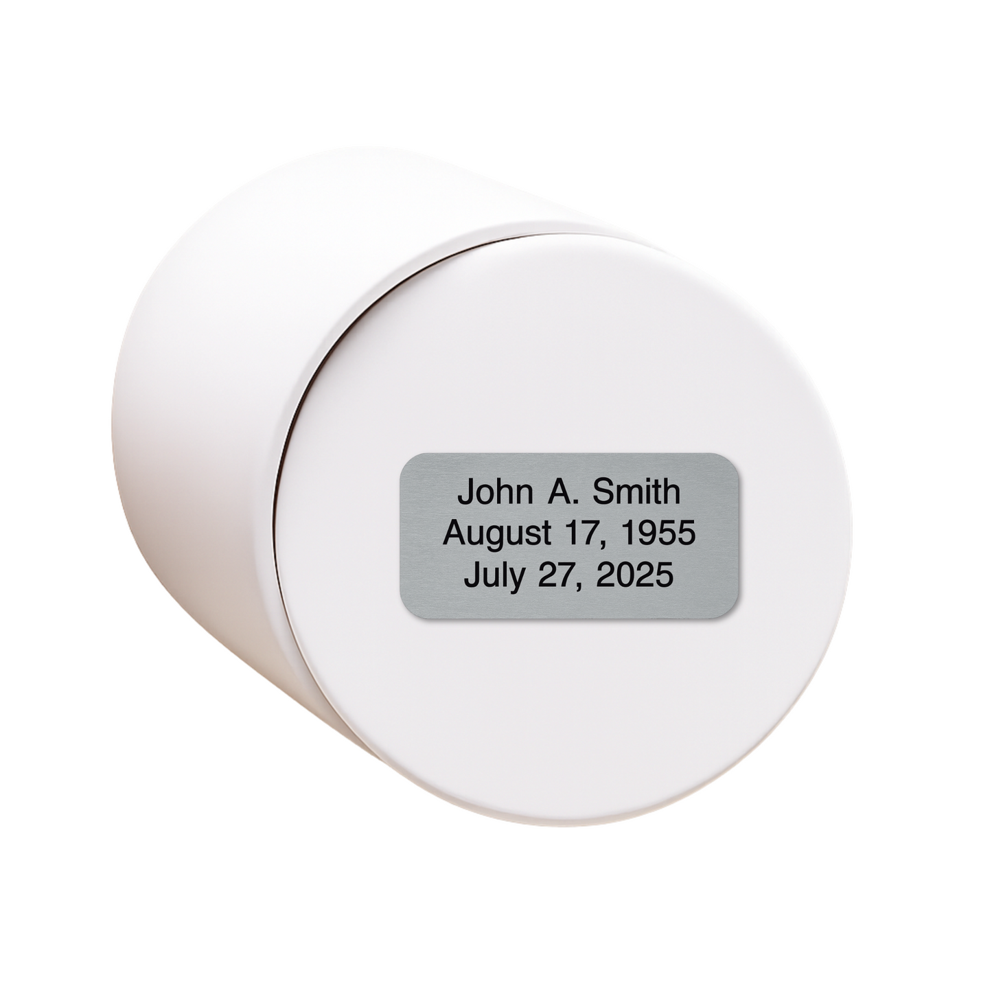 White ceramic keepsake urn shown on its side with optional personalized memorial engraving plate