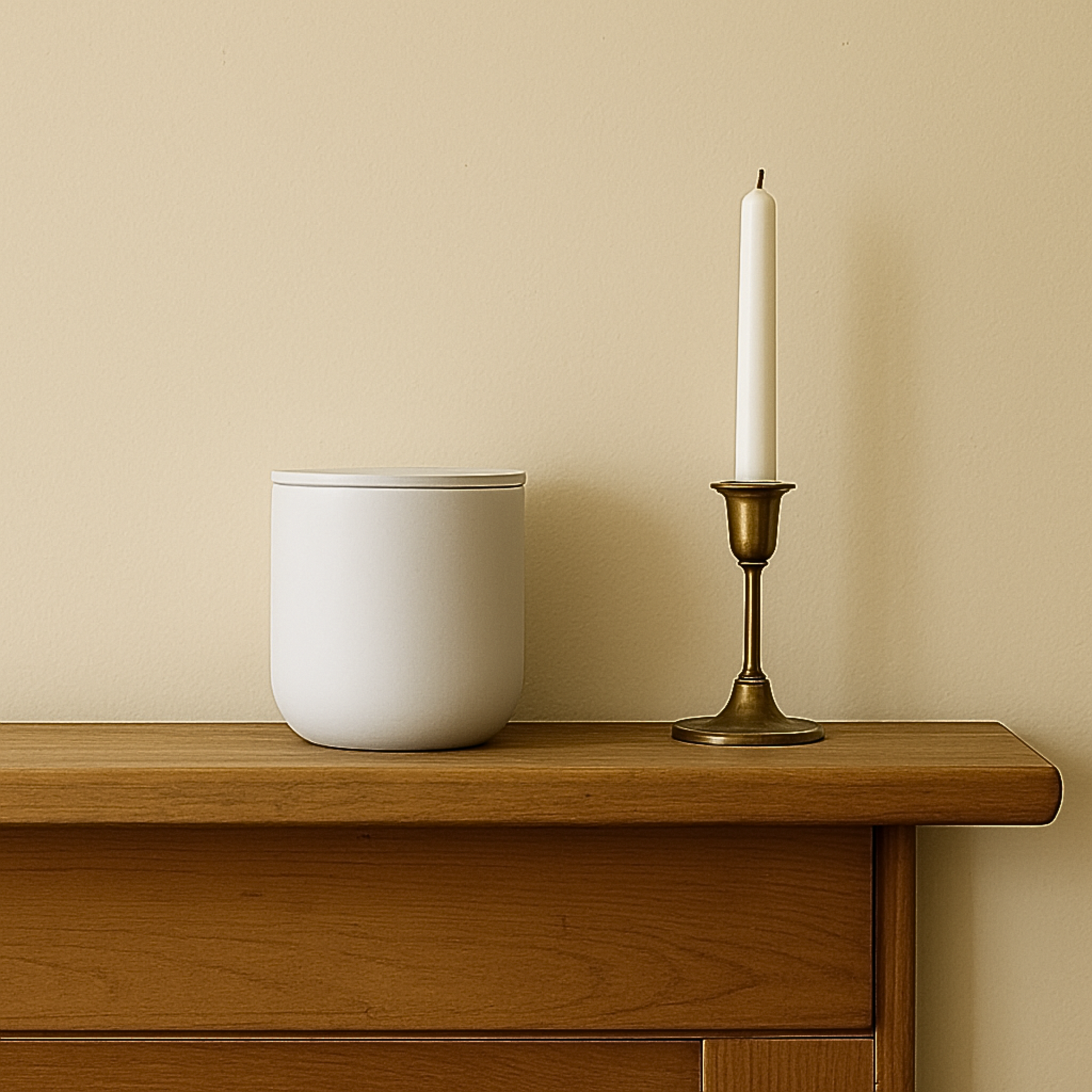 White ceramic keepsake urn displayed on a wooden mantel beside a candle in a home memorial setting